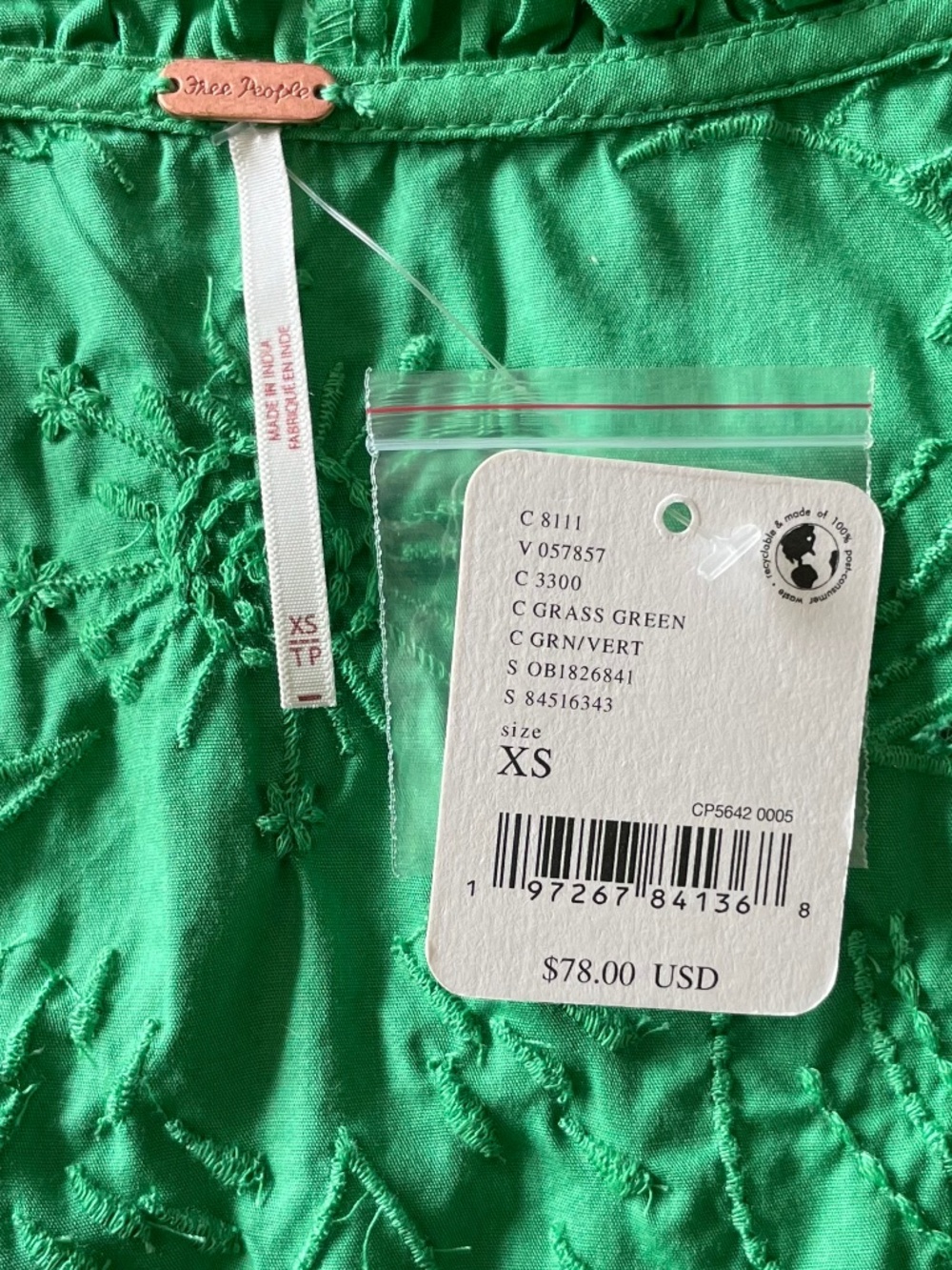 Free People All The Ways Top Grass Green Embroidered XS NWT - Picture 15 of 16
